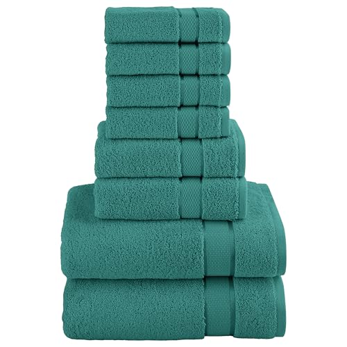 Image of Elegant Comfort Premium Cotton 8-Piece Towel Set, Includes 4 Washcloths, 2 Hand Towels and 2 Bath Towels, 100% Turkish Cotton - Highly Absorbent and Super Soft Towels for Bathroom, Turquoise