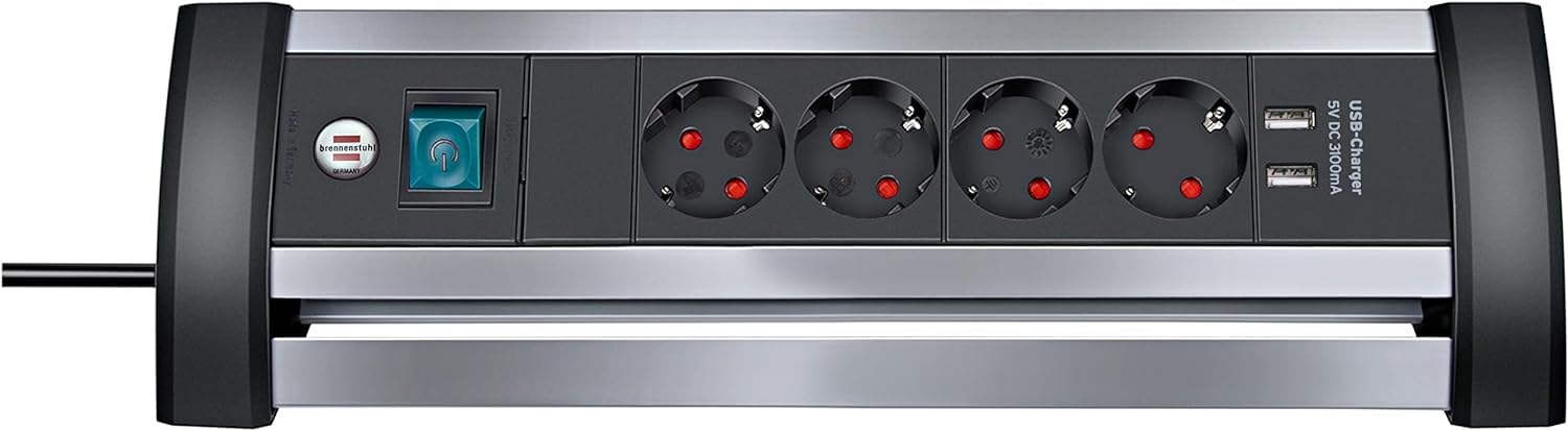 BRENNENSTUHL 1394000534 - Base múltiple Alu-Office-Line para sobremesa (4 tomas + 2 puertos USB)