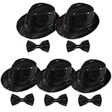 Elfcool 10 Pcs Unisex Sequin Fedora Hat Sequin Bow Ties Set Bling Retro Dance Jazz Cap Funky Party Costume Fedora (Medium, 5Pack Black)