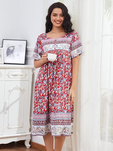 Image of CRIPOM Womens Nightgown Short Sleeve House Dress with Pockets-Floral Print Mumu Dress S-3XL