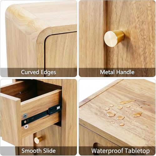 Image of Narrow Nightstand Set of 2, Small Bedside Table with 3 Drawers, Mid Century Modern Skinny Nightstand with Storage, Wood Slim Side Table for Bedroom, Living Room (Natural-2pcs)