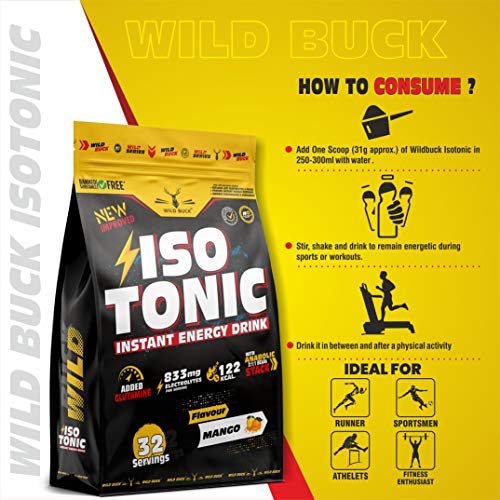 Image of WILD BUCK Isotonic Instant Energy Drink Formula, Workout Electrolyte Energy Drink With Anabolic Stack 2:1:1 Bcaa, Dextrose Monohydrate And L-Glutamine | 833Mg Electrolytes [32 Servings, Mango]