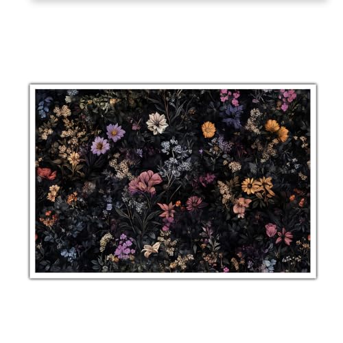 Tableau fleurs fond noir style baroque vintage et gothique toile florale ancienne 75x110cm