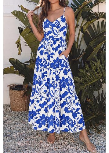 Image of KIRUNDO Sundresses for Women 2026 Spring Summer | Boho Floral Print Hawaiian Style, Sleeveless Spaghetti Strap, With Pockets, Beach Vacation Cruise Flowy Maxi Dress