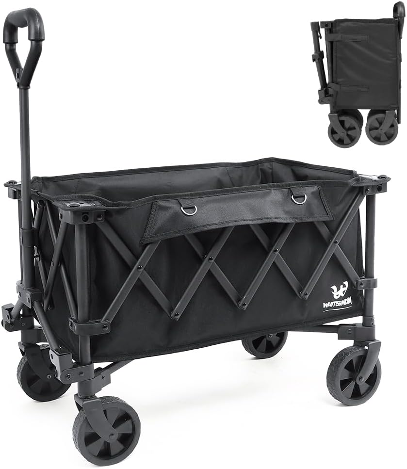 Whitsunday Collapsible Compact Wagon Cart Foldable,Folding Beach Heavy Duty Wagon with 360°Rotatable Wheels for Camping Outdoor Sports Garden Black