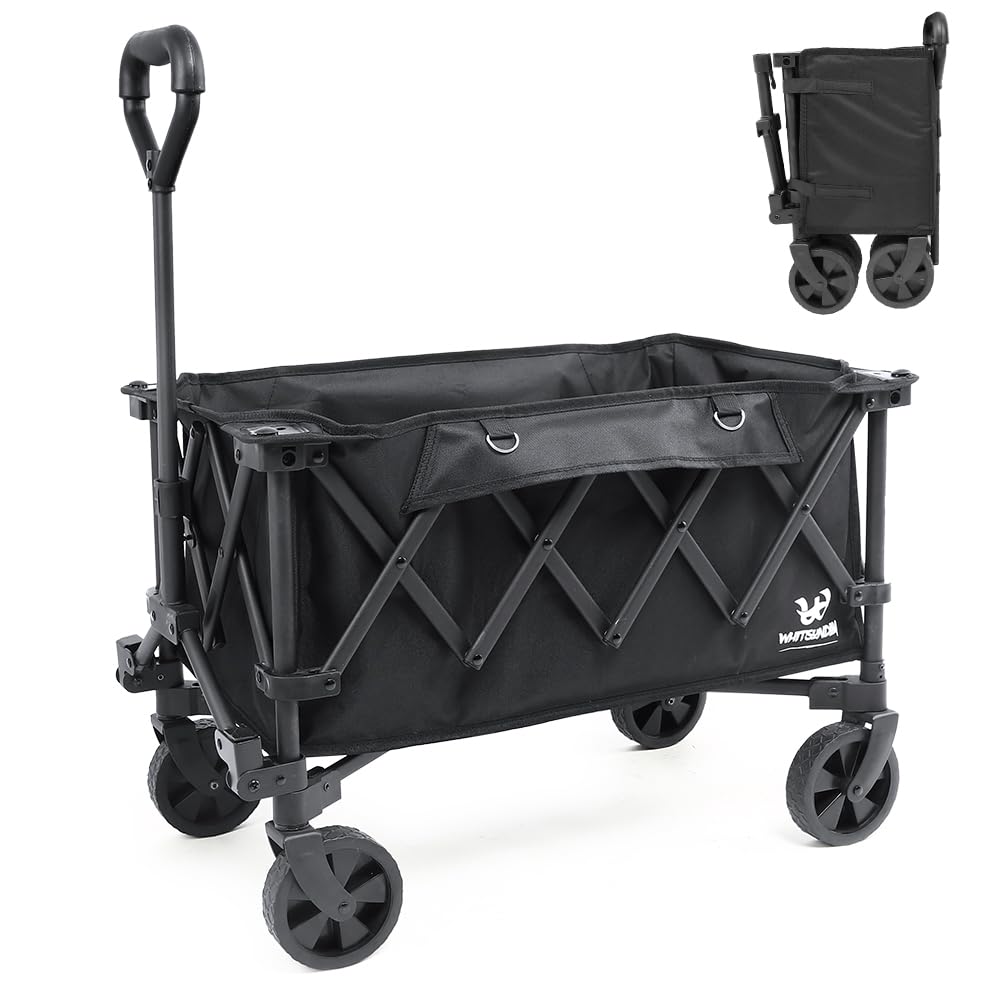 Whitsunday Collapsible Compact Wagon Cart Foldable,Folding Beach Heavy Duty Wagon with 360°Rotatable Wheels for Camping Outdoor Sports Garden Black
