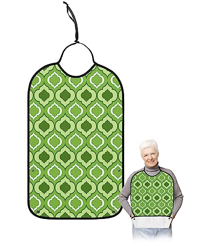 Green Geometric Adult Bibs for Eating, Waterproof Bibs with Food Catcher & Adjustable Snap Closure, Quatrefoil Trellis Moroccan Pattern Washable Clothing Protectors Adult Bibs for Elderly Women/Men