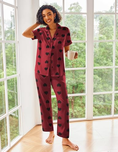 Image of Ekouaer 2 Piece Satin Short Sleeve Pajamas Set Button Down Sleepwear | Soft Pjs Set Classic Loungewear for Wedding, Party, Home, Daily Wear, Date Nights