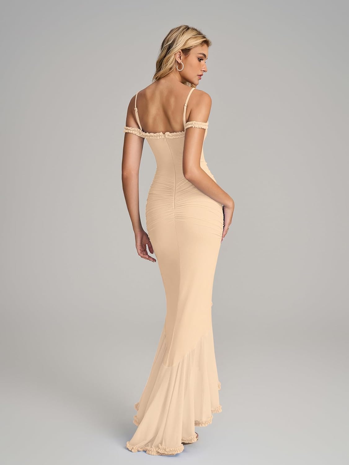 KUTUMAI Women Ruffle Bodycon Maxi Dress Ruched Long Formal Cocktail Wedding Guest Dresses - Image 3