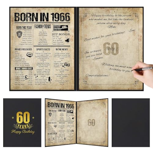 Benjia 60th Birthday Decoration, Bday Card Gift Guest Signing Book for Woman Man, Born in 1966 UK Poster Guestbook, 60 Years Old Signature Board, Vintage Birthday Party Decor for Dad Mum