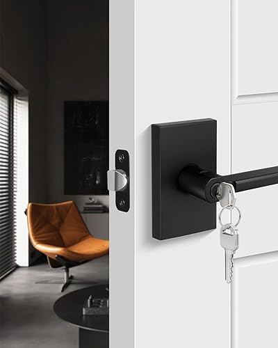 goldenwarm Manija de puerta negra con cerradura y llave, manija cuadrada de puerta exterior negra mate, cerradura de puerta de entrada con llave de