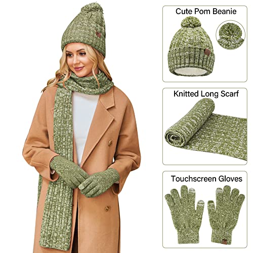 Womens Winter Warm Beanie Hat Touchscreen Gloves Long Scarf Set Ribbed Cable Knit With Fleece Lined Skull Pom Caps Olive Green #TOP5
