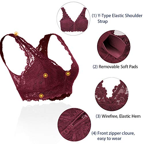 Rolewpy Floral Lace Bralette for Women, Zipper Wireless Bra Lingerie with Removable Padded Halter Crop Top (Burgandy, XL (40B 40C 40D))