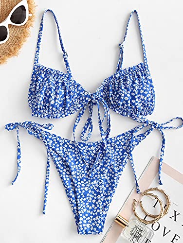 Zaful Ditsy Floral Frilled Tie Knot Front Strappy Bikini Sets Swimwear Blue #TOP2