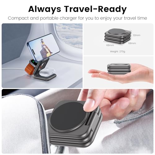 Image of Foldable Magnetic Wireless Charger, KU XIU X40 Plus Aluminum Alloy 3 in 1 Charging Station for Apple, Fast Mag-Safe Charger for iPhone 17 16 15 14 13 Series, 5W for iWatch, AirPods 3 /2 /Pro, Dark Gray