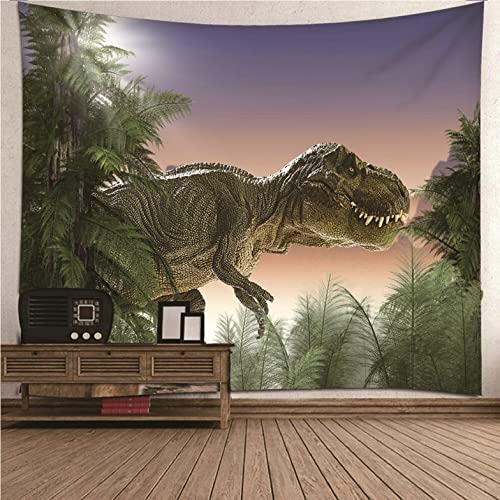 Tapisserie chambre garçon en toile 3 panneaux dinosaure vert Isdreem