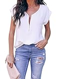Dokotoo Womans Plus Size Summer Half Zip Front Round Neck Chiffon Cuffed Short Sleeve Solid Tunic Tops and Blouses for Work Shirts for Women 2023 White US 4 6