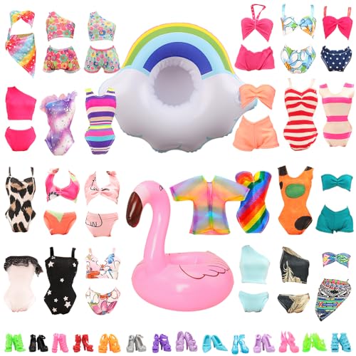 BARWA 12 Items 5 Psc Swimsuits Bathing Clothes Bikini One Piece with 2 Pool Floaties with 5 Shoes for 11.5 inch Doll