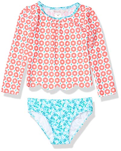 Tommy Bahama Girls' Long Sleeve 2-Piece Rashguard Swimsuit Bathing Suit, Coral Floral, 4T