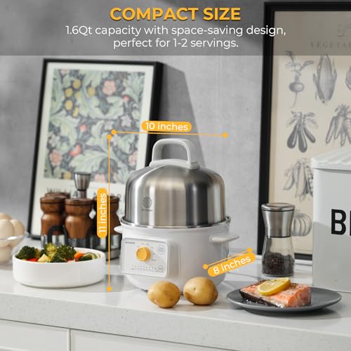 BUYDEEM G32 Electric Food Steamer 1.6QT, Stainless Steel Steamer for Vegetable Egg Seafood, 8 Time Settings, Triple Dry Protection, Quick Steam, Healthy Cooking for 1-2 Servings, Arctic White