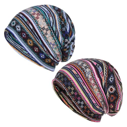 Ynkkvre 2 sombreros turbantes para mujer, de algodón, elástico, holgado, turbante supersuave, holgado, para mujeres con pérdida de cabello, gorro para pacientes con cáncer., Rayas azules