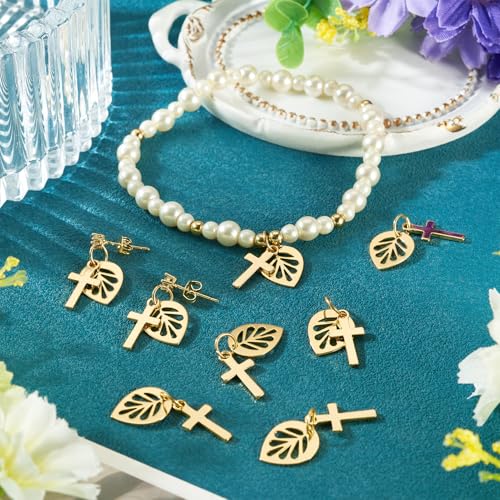 Image of 10Pcs 18K Gold Plated Cross Charms Brass Golden Crucifix with Leaf Pendants Permant Metal Jewelry Charms with Jump Ring for DIY Bracelet Necklace Earring Jewelry Making
