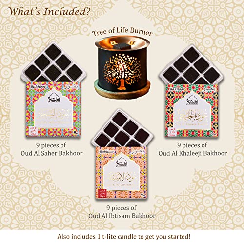 Oud Al Khaleeji, Oud Al Saher, Oud Al Ibtisam Bakhoor عود بخور By Dukhni - (3 Trays X 9 Piece Each) & Tree Of Life Exotic Burner مبخرشمعدان | Perfect For Prayer & Meditation. Great Gift #TOP3