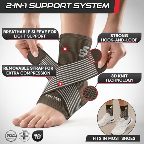Image of Sleeve Stars Ankle Brace for Women & Men, Ankle Wrap for Sprain, Compression Sleeve for Plantar Fasciitis Relief, Easy Customizable Support: w / Removable Strap (Pair /M:10 inch-12 inch /Dark Brown)