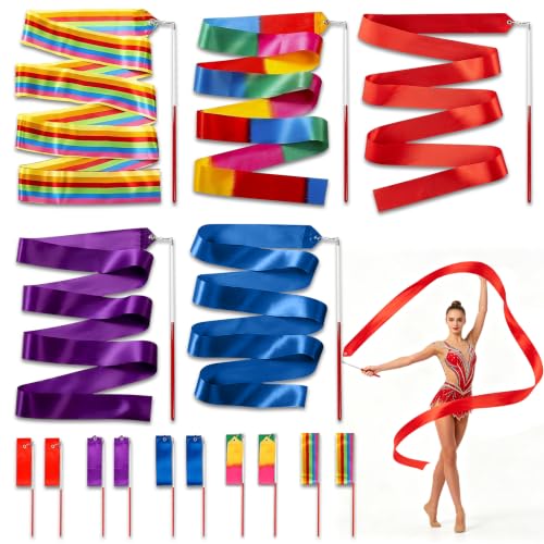 YinnFeen Set de 10 Piezas Cinta de Gimnasia, 2 m Multicolor Cinta de Baile con Vara, Bandas de Baile de Satén para Gimnasia Rítmica Entrenamiento de Danza Artística y Espectáculos