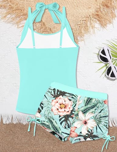 Image of Girls Swimsuit 2 Piece Halterneck Girls Tankini Swimsuit Drawstring Printed Swim Shorts Girl Bathing Suit for 7-18T
