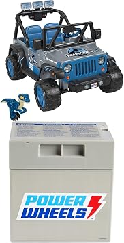 Bundle of Power Wheels Jurassic World Dino Damage Jeep Wrangler Ride-On Toy with Lights, Sounds and Dinosaur Toy, Multi-Terrain Traction, Seats 2 + Replacement Battery 12-Volt 12-Ah Rechargeable