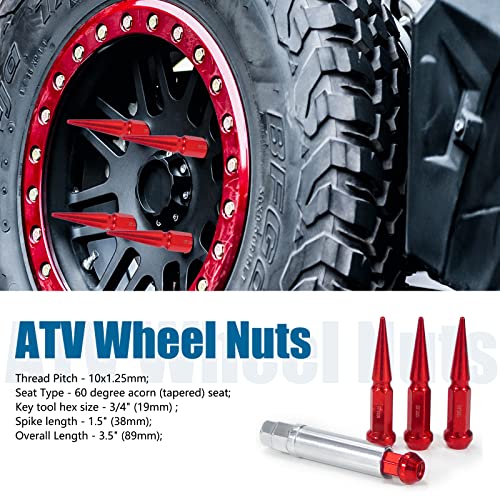 Image of JiiinMiiin M10x1.25 Long Steel Spike Lug Nuts, Thread Pitch 10x1.25, Set of 16 ATV Wheel Nuts with A Socket. [Red]