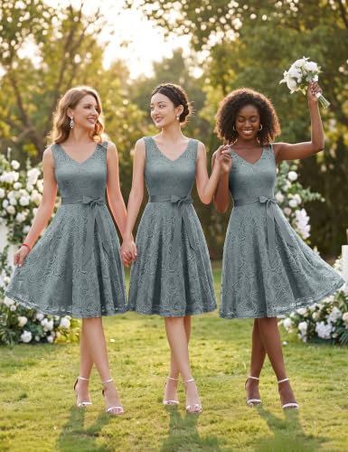 Image of Dressystar Women's Floral Lace V Neck Short Bridesmaid Cocktail Party Dress