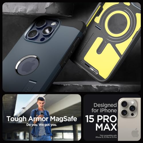 Image of Spigen Tough Armor MagFit Designed for iPhone 15 Pro Max Case (2023) [Kickstand] [Military-Grade Protection] Compatible with MagSafe - Metal Slate
