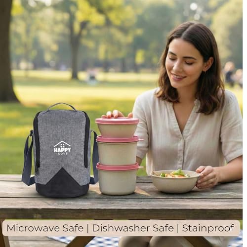 Image of Happy Cove Eco Friendly Lunch Box for Office Use | Biocomposite Wheat Straw, Rice Husk & Bamboo Fibre | 3 Pink Containers with Grey Lunch Bag | Microwave & Oven Safe | Unbreakable Tiffin Box for Men
