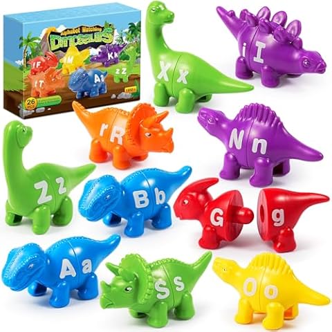 52 PCS Double-Sided ABC Alphabet Matching Letters Dinosaur Toy with Uppercase Lowercase Montessori Toy Preschool Educational Learning Colors Matching Game Gift for Toddler Girls Boys Cover