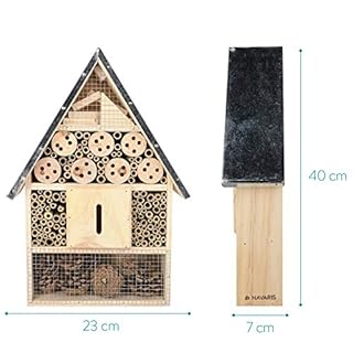 Navaris XL Wooden Insect Hotel - 9 x 16 x 3 Inches - Natural Wood Insect Home Bamboo Nesting Habitat - Garden Shelter for Bees, Butterflies, Ladybugs