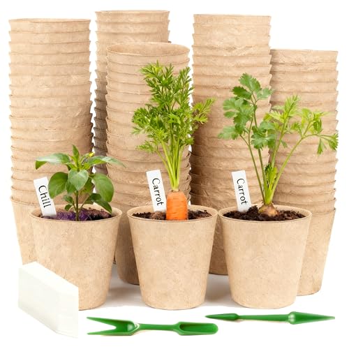 JAADU Pots Biodégradables, 100 Pièces 8CM Pot de Semis de Plante, Godets de Rempotage Degradable+100Pcs Etiquette Plante+2Pcs Outils de Repiquage, pour Serre Jardin Potager Fleur Semis