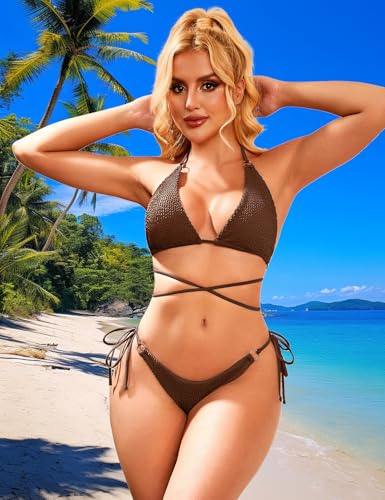 Image of Women Bikini Set Metal Ring Two Piece Swimsuit | Various Wear Way,High Elasticity Breathable Fabric,Cross Strap Design Bathing Suit Swimwear