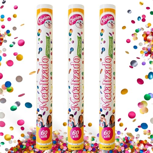 Cañón Confeti Boda, Cañón para fiestas y eventos, Fáciles y Seguros de Usar, Apto para bodas, eventos, celebraciones, Uso interior y Exterior, Diseño Metalizado Multicolor, 60 cm, Pack de 3 unidades