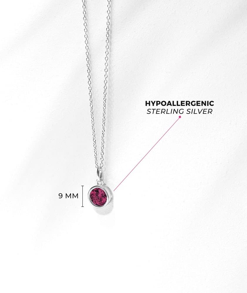 925 Sterling Silver Hot Pink Round Simulated Ruby Pendant Necklace For Preteens & Teenage Girls 16" - Fun Fuchsia CZ Necklace for Girls - Sparkling Jewelry Gift For Teen Girls born in July