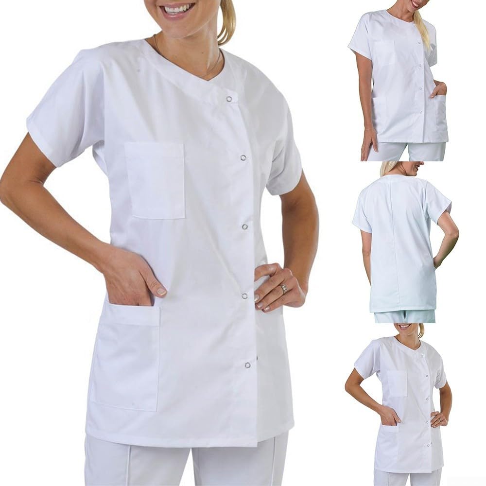 Top da lavoro a maniche corte senza colletto per ospedale da laboratorio cappotto per donne e uomini in comodo misto cotone
