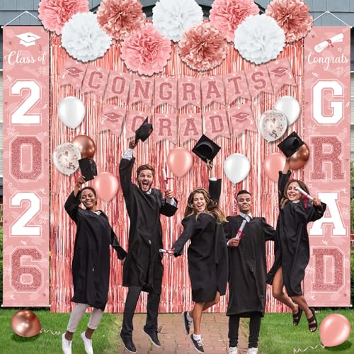 Image of Graduation Party Decorations Class of 2026, Graduation Decorations with Congrats Grad Banner Fringe Foil Curtain Paper Flower Ball Balloons for High School College Graduation Party Supplies, Pink