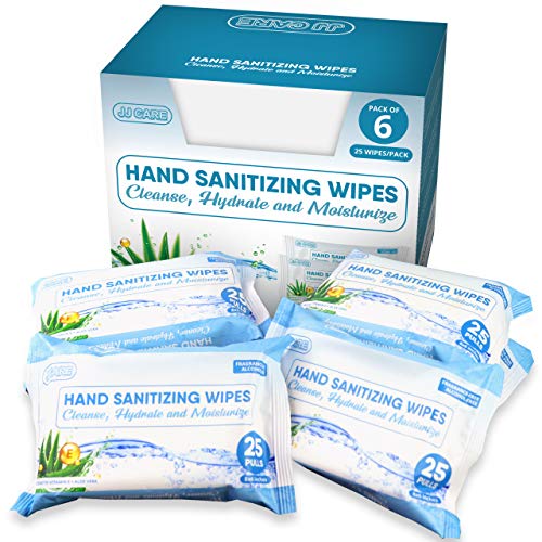 [Pack of 150] Hand Sanitizing Wipes, Alcohol Free Travel Sanitizing Wipes, Disposable Hand Sanitizer Wipes with Vitamin E and Aloe Vera - 6 Packs | 25 Wipes Per Pack