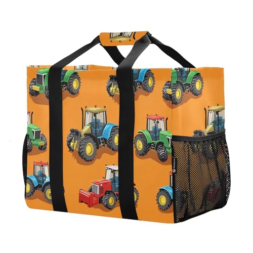 JUNZAN Cartoon Orange Tractors Large Utility Tote Bag Foldable Beach Bag With Compartments Reusable Shopping Bags Canvas Laundry Bag Travel