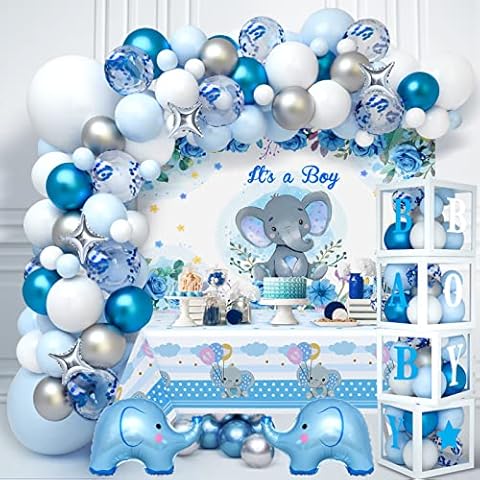 Golray 155pcs Elephant Baby Shower Decorations for Boy Baby Boxes with Letters Blue Balloon Garland Kit It's a Boy Backdrop Tablecloth Star Elephant Kid Birthday Party Supplies Baby Boy Shower Decor Cover