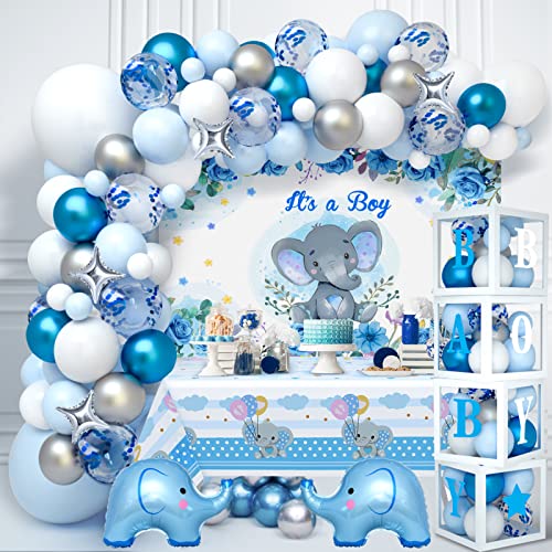 Golray 155pcs Elephant Baby Shower Decorations for Boy, Boxes with Letters/ Blue Balloon Garland Kit/ Backdrop/ Tablecloth/ Star, Elephant Kid Birthday Party Supplies Baby Boy Shower Decor by Golray - Used condition - US$22.44
