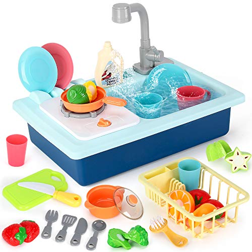 Kitchen Sink Toys Electric Water Cycle System, 35 PCS Cutting Food Play House Pretend Role Play Toys Gift for 3 4 5 6 Years Boys and Girls.