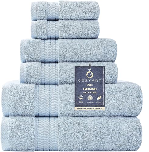 COZYART Light Blue Towel Sets for Bathroom 6Pcs Turkish Cotton Bath Towel Set Soft Highly Absorbent and Durable 650 GSM Luxury Bathroom Sets with 2 Bath Towels 2 Hand Towels 2 Washclothes