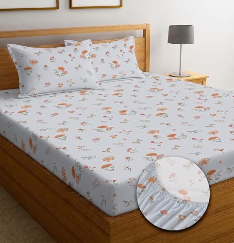 Image of IVAZA Ezyption Cotton Super Soft 240 TC Elastic Fitted All Around Elastic Printed King Size Double Bed Bedsheet with 2 Pillow Cover 72 inch X 78 inch3 White Rust